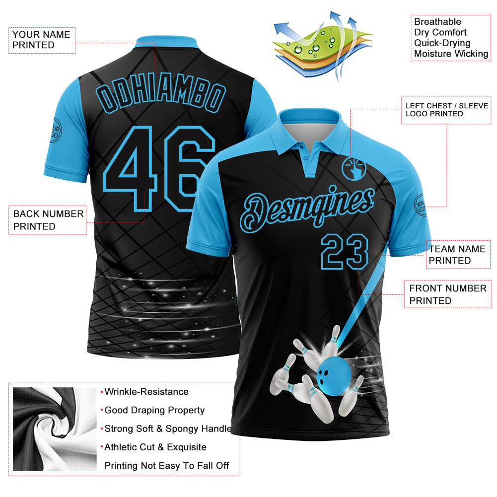 Custom Black-Sky Blue Bowling Geometric Grid Performance Polo Shirt