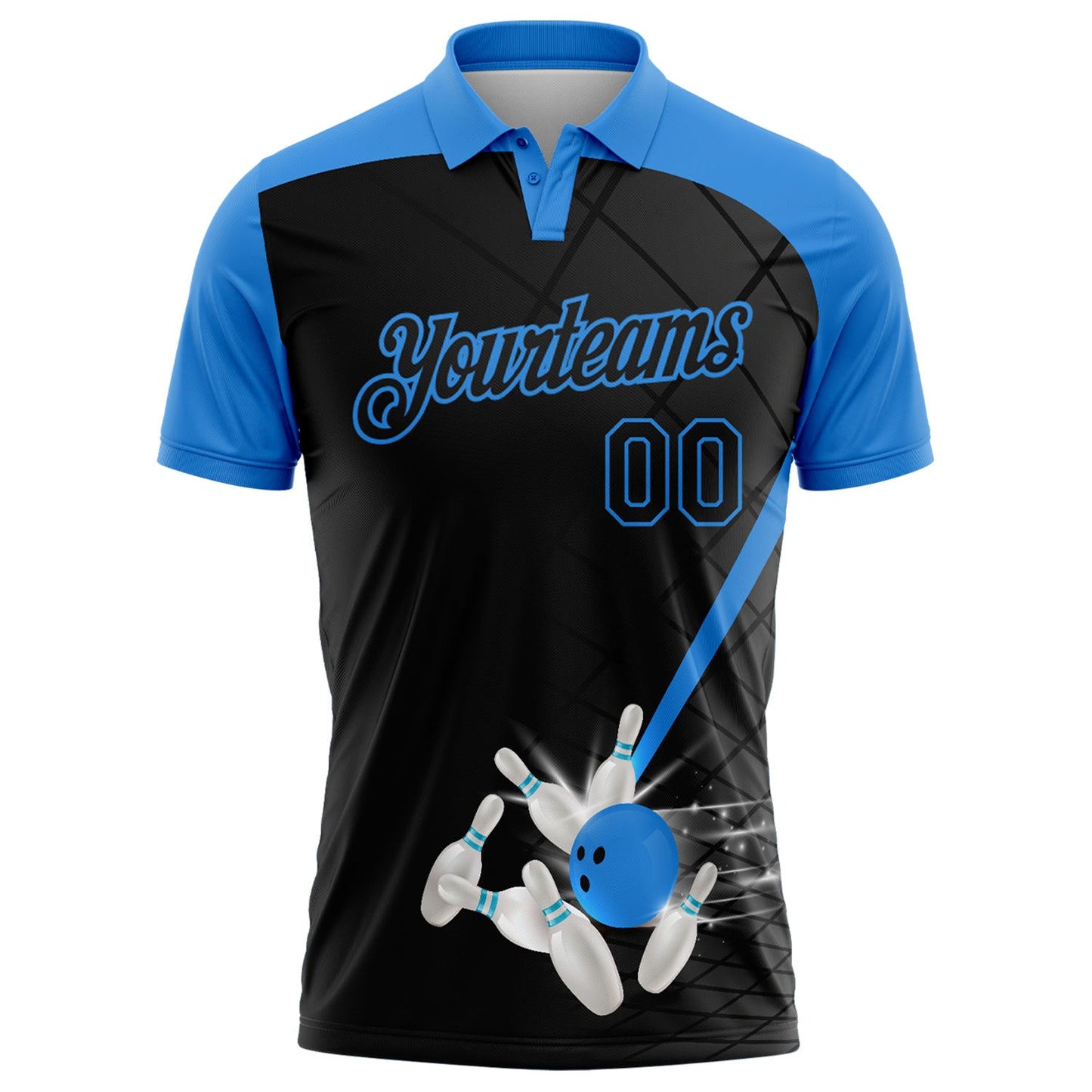 Custom Black-Powder Blue Bowling Geometric Grid Performance Polo Shirt