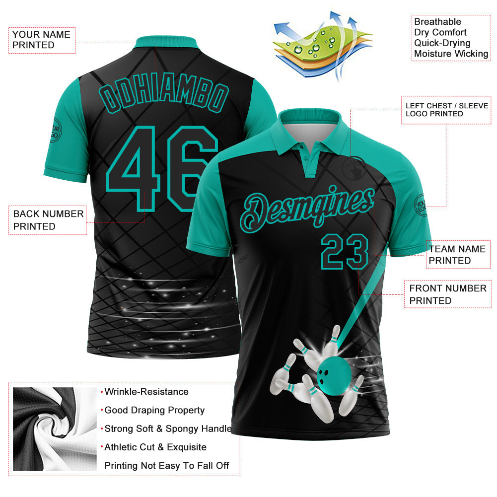 Custom Black-Aqua Bowling Geometric Grid Performance Polo Shirt