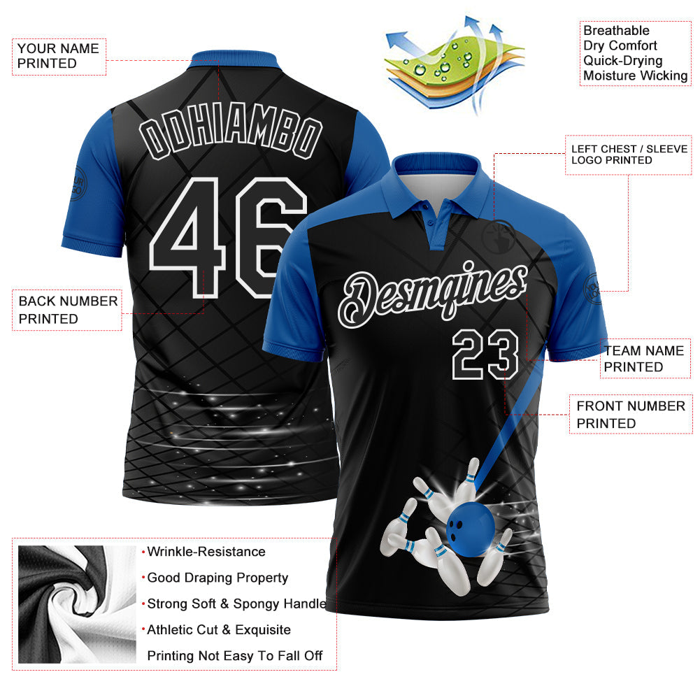 Custom Black Thunder Blue-White Bowling Geometric Grid Performance Polo Shirt