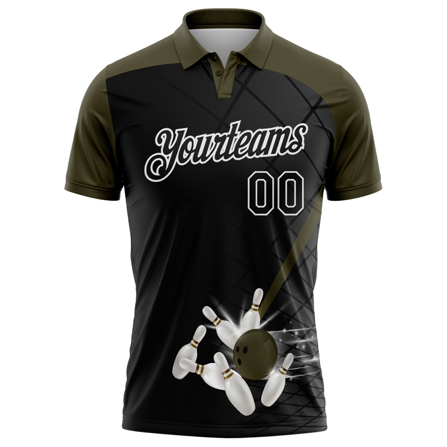 Custom Black Olive-White Bowling Geometric Grid Performance Polo Shirt