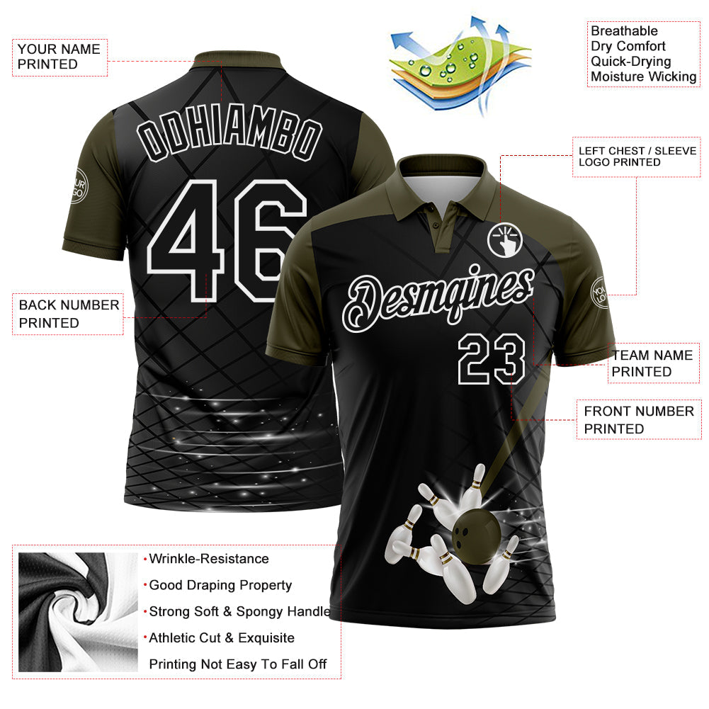 Custom Black Olive-White Bowling Geometric Grid Performance Polo Shirt