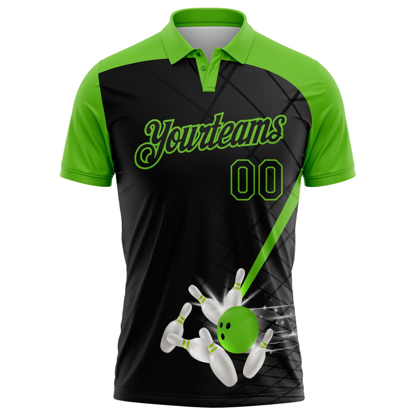 Custom Black-Aurora Green Bowling Geometric Grid Performance Polo Shirt
