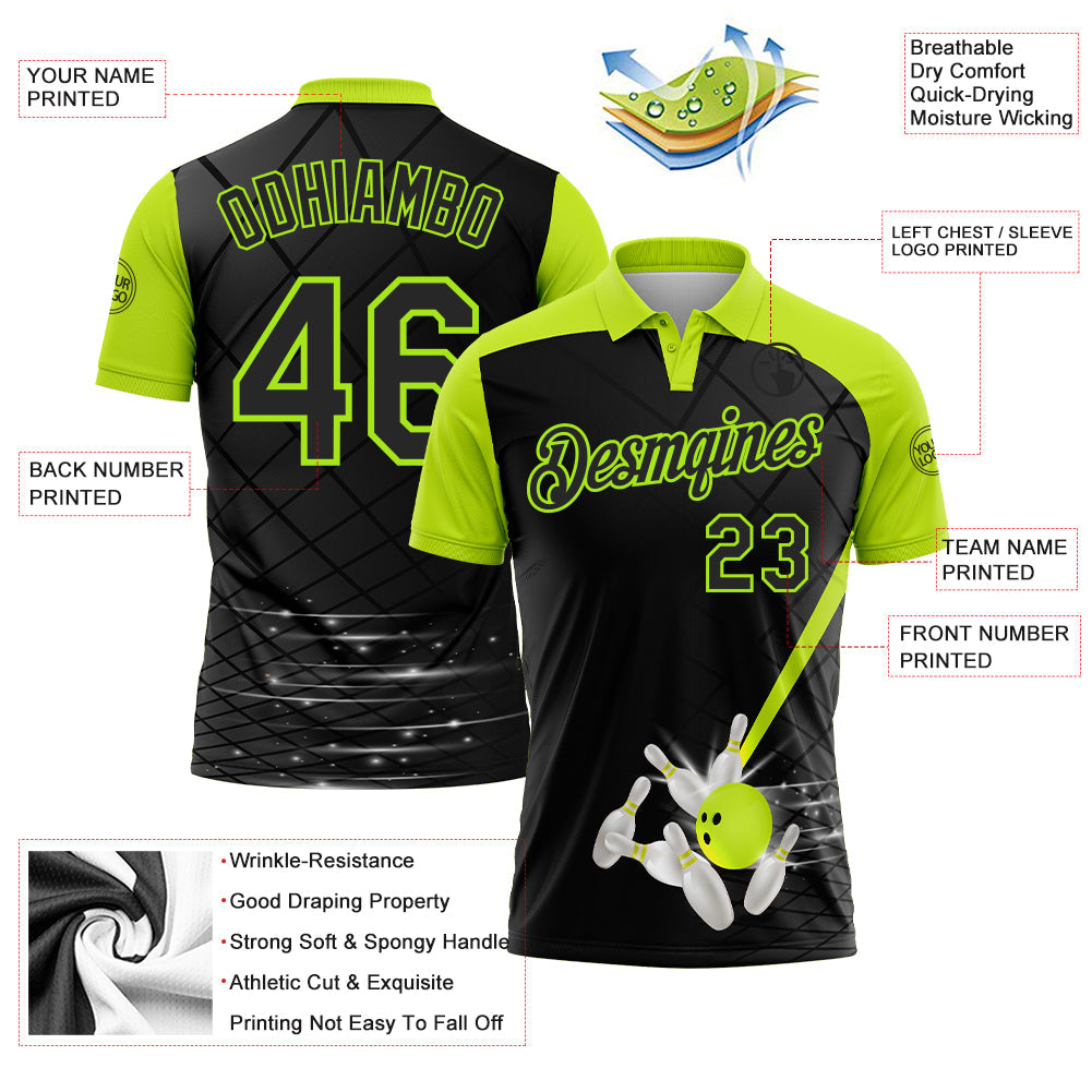 Custom Black-Neon Green Bowling Geometric Grid Performance Polo Shirt
