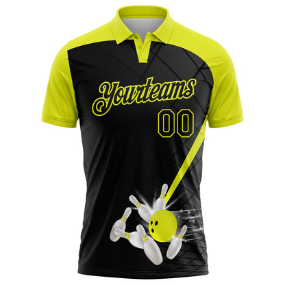 Custom Black-Neon Yellow Bowling Geometric Grid Performance Polo Shirt