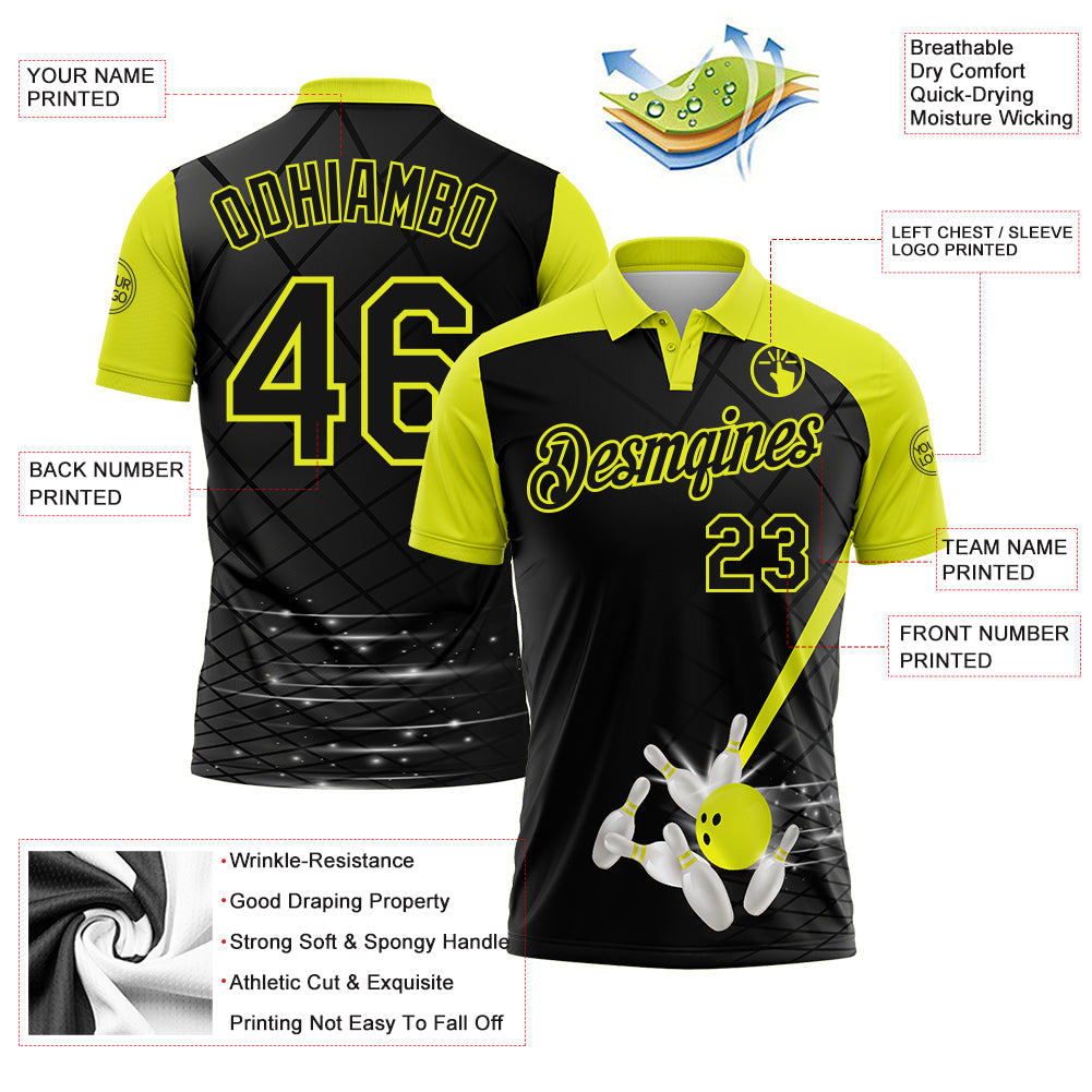 Custom Black-Neon Yellow Bowling Geometric Grid Performance Polo Shirt