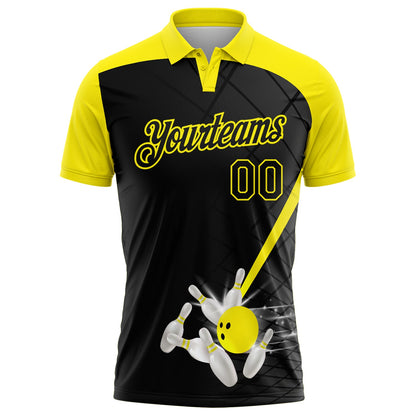 Custom Black-Light Yellow Bowling Geometric Grid Performance Polo Shirt