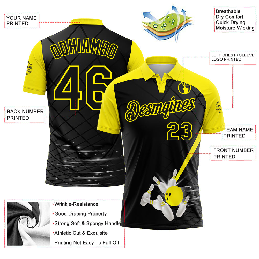 Custom Black-Light Yellow Bowling Geometric Grid Performance Polo Shirt