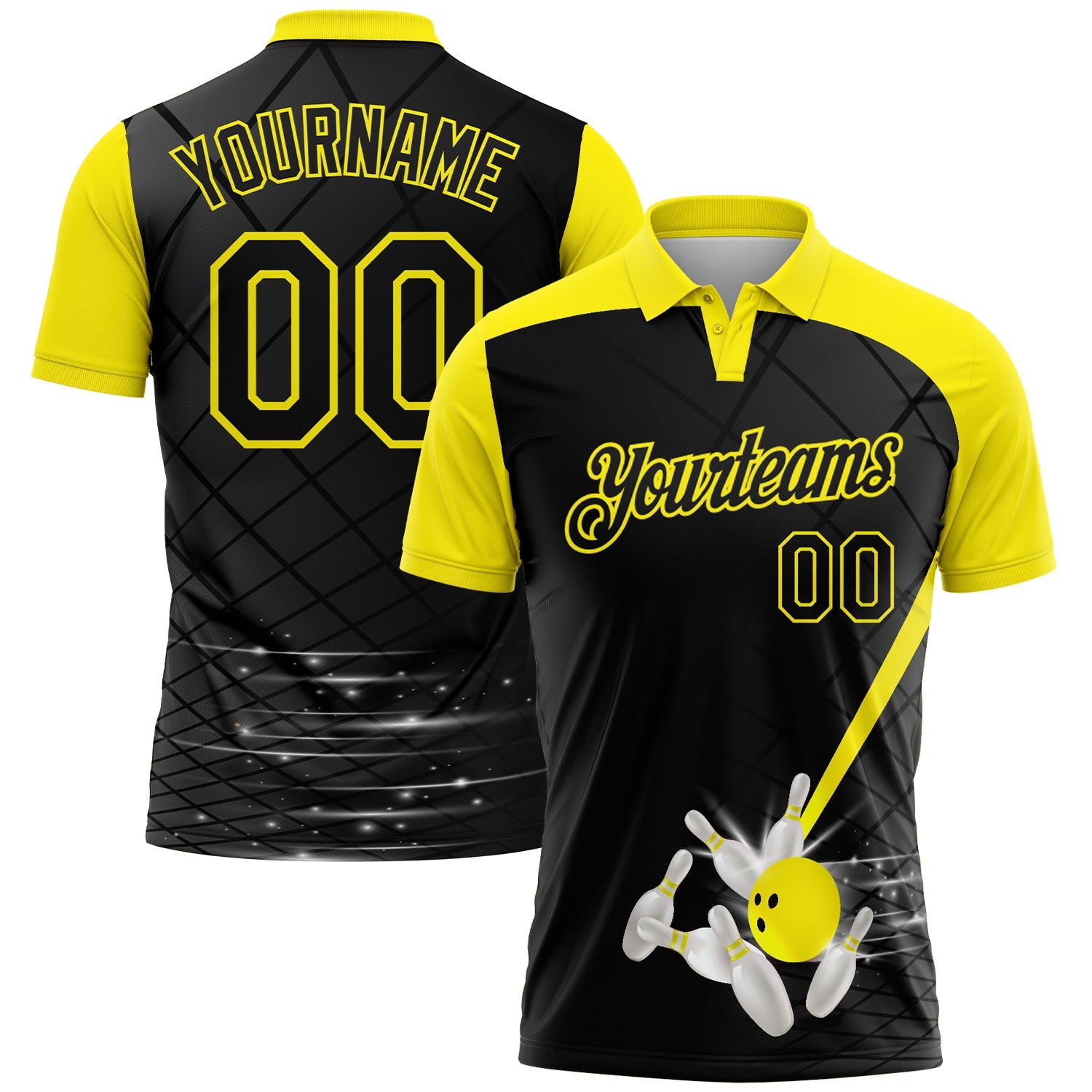 Custom Black-Light Yellow Bowling Geometric Grid Performance Polo Shirt