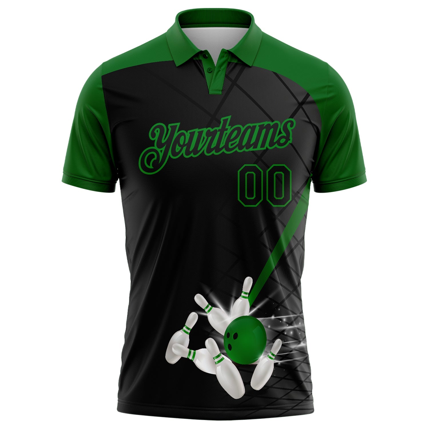 Custom Black-Grass Green Bowling Geometric Grid Performance Polo Shirt