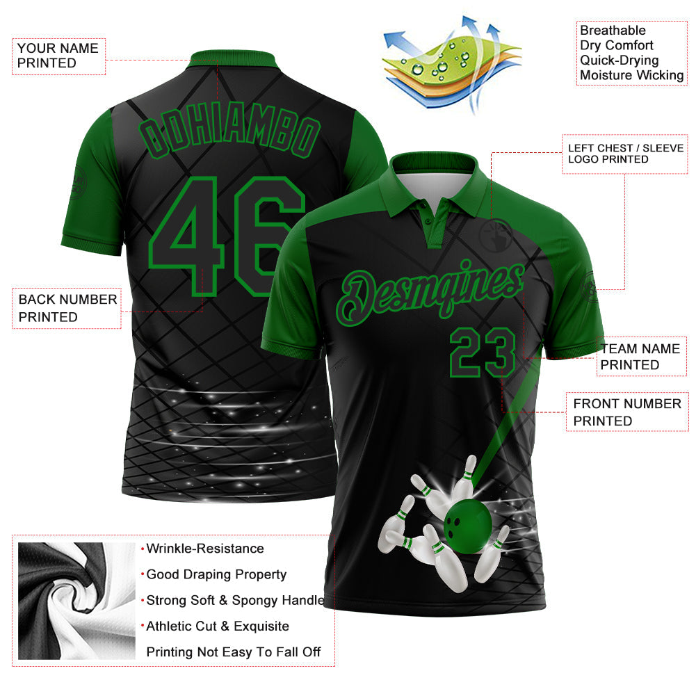 Custom Black-Grass Green Bowling Geometric Grid Performance Polo Shirt