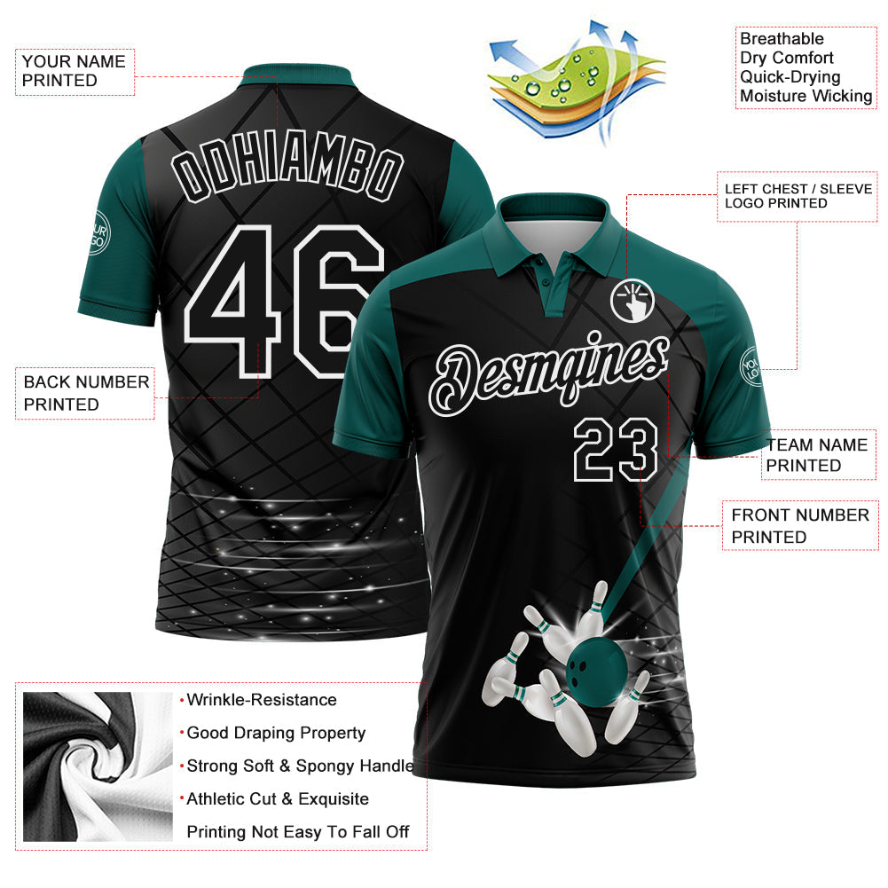 Custom Black Midnight Green-White Bowling Geometric Grid Performance Polo Shirt