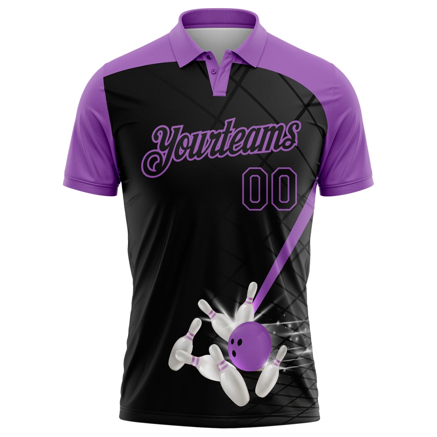 Custom Black-Medium Purple Bowling Geometric Grid Performance Polo Shirt