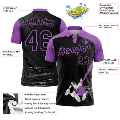Custom Black-Medium Purple Bowling Geometric Grid Performance Polo Shirt