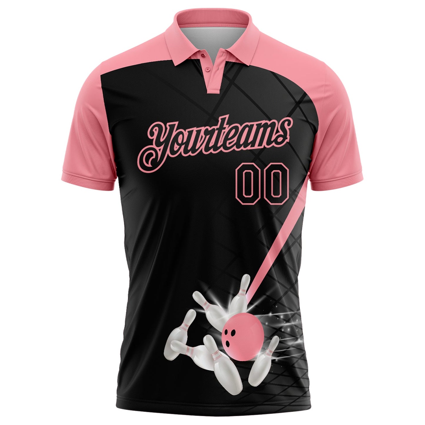 Custom Black-Medium Pink Bowling Geometric Grid Performance Polo Shirt