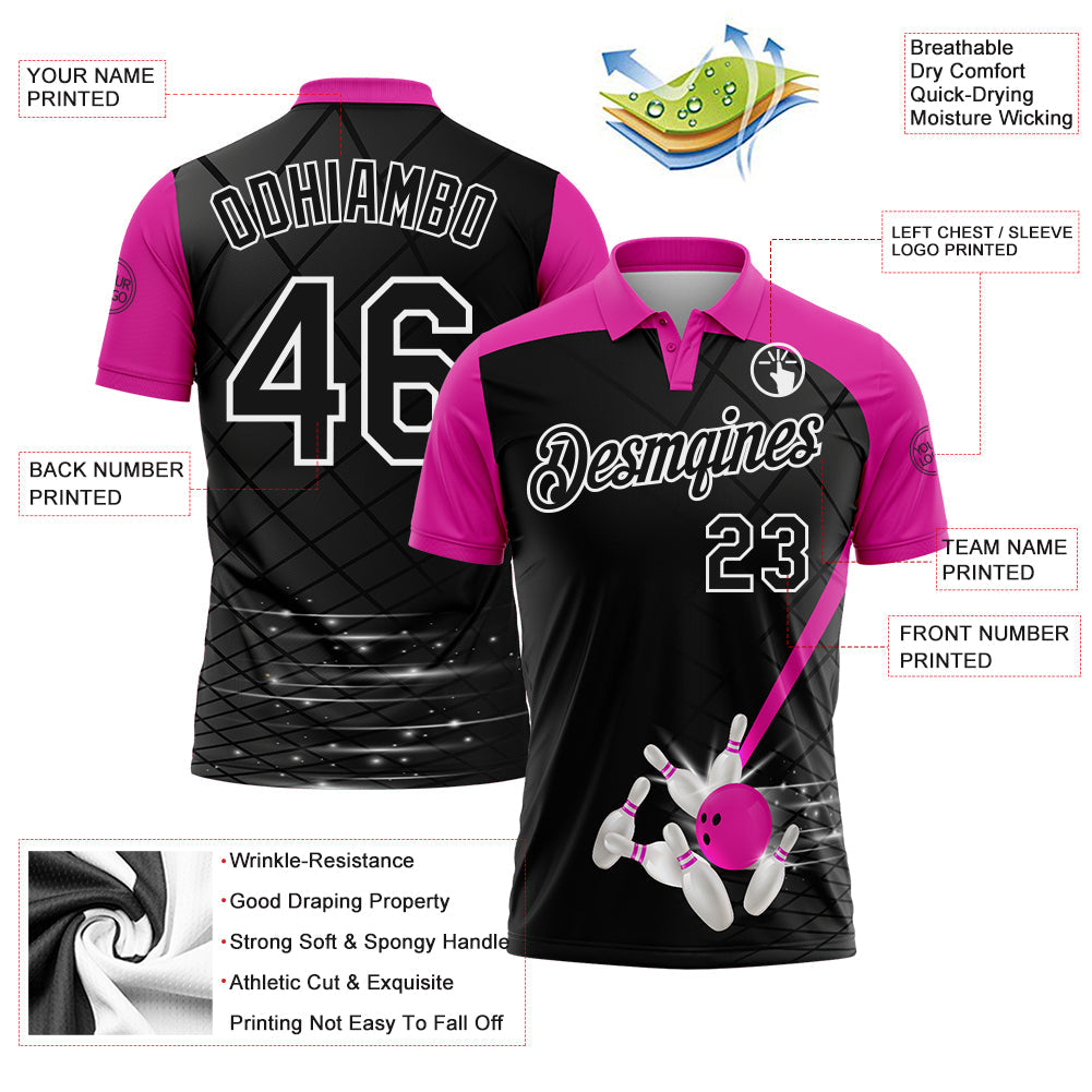 Custom Black Deep Pink-White Bowling Geometric Grid Performance Polo Shirt