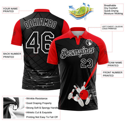 Custom Black Fire Red-White Bowling Geometric Grid Performance Polo Shirt
