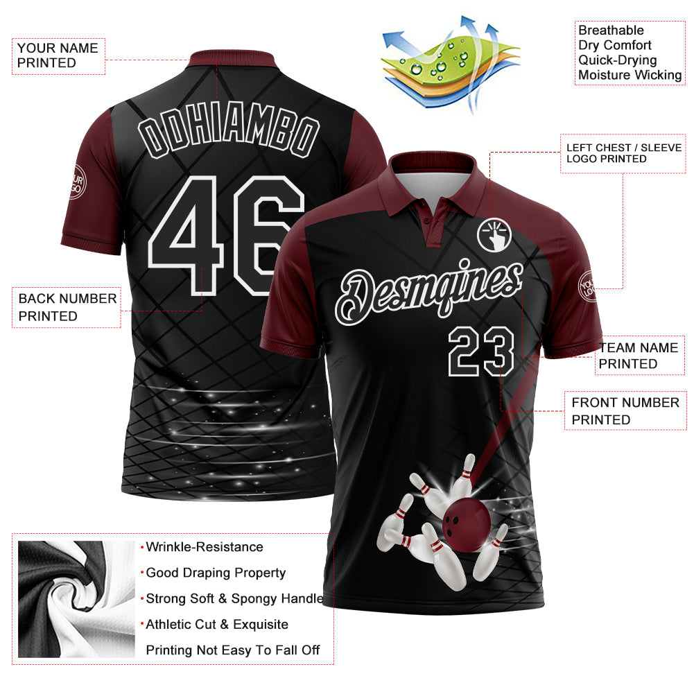 Custom Black Maroon-White Bowling Geometric Grid Performance Polo Shirt