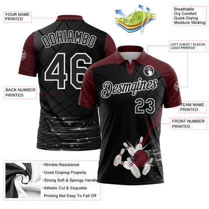 Custom Black Maroon-White Bowling Geometric Grid Performance Polo Shirt