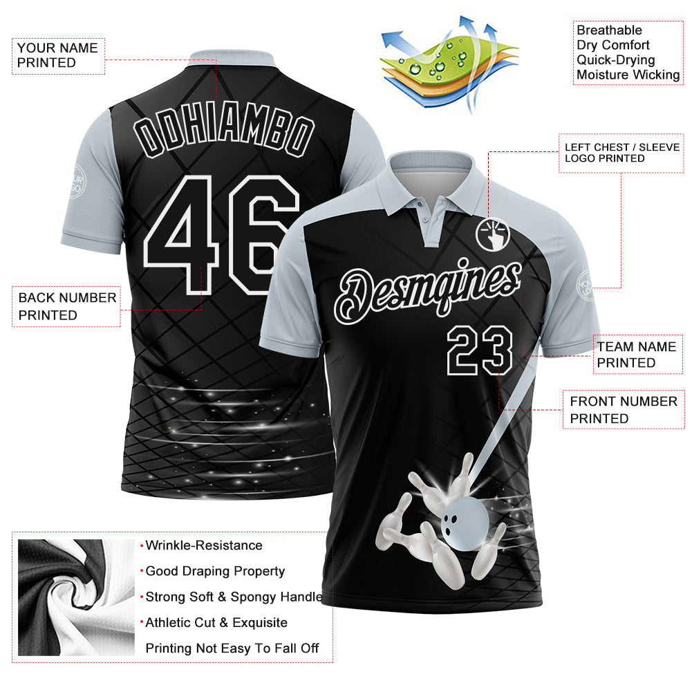 Custom Black Silver-White Bowling Geometric Grid Performance Polo Shirt
