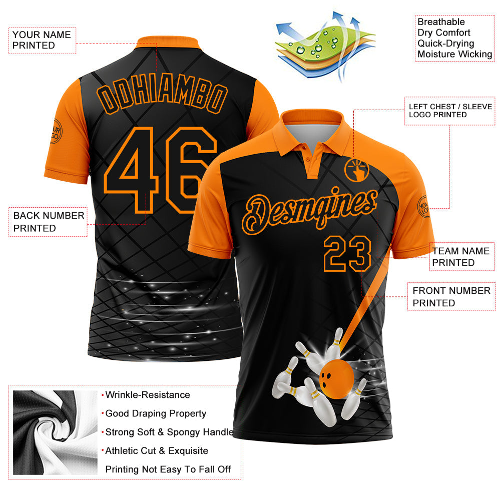 Custom Black-Bay Orange Bowling Geometric Grid Performance Polo Shirt