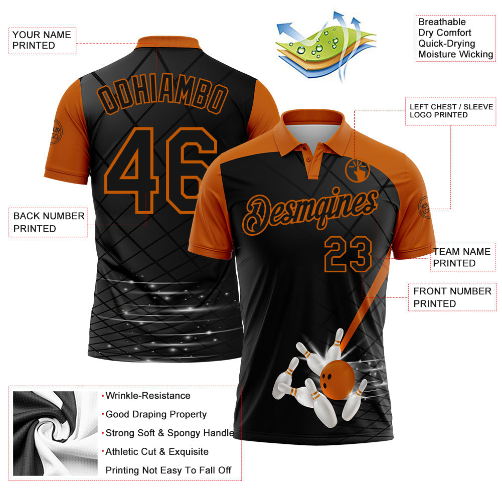 Custom Black-Texas Orange Bowling Geometric Grid Performance Polo Shirt