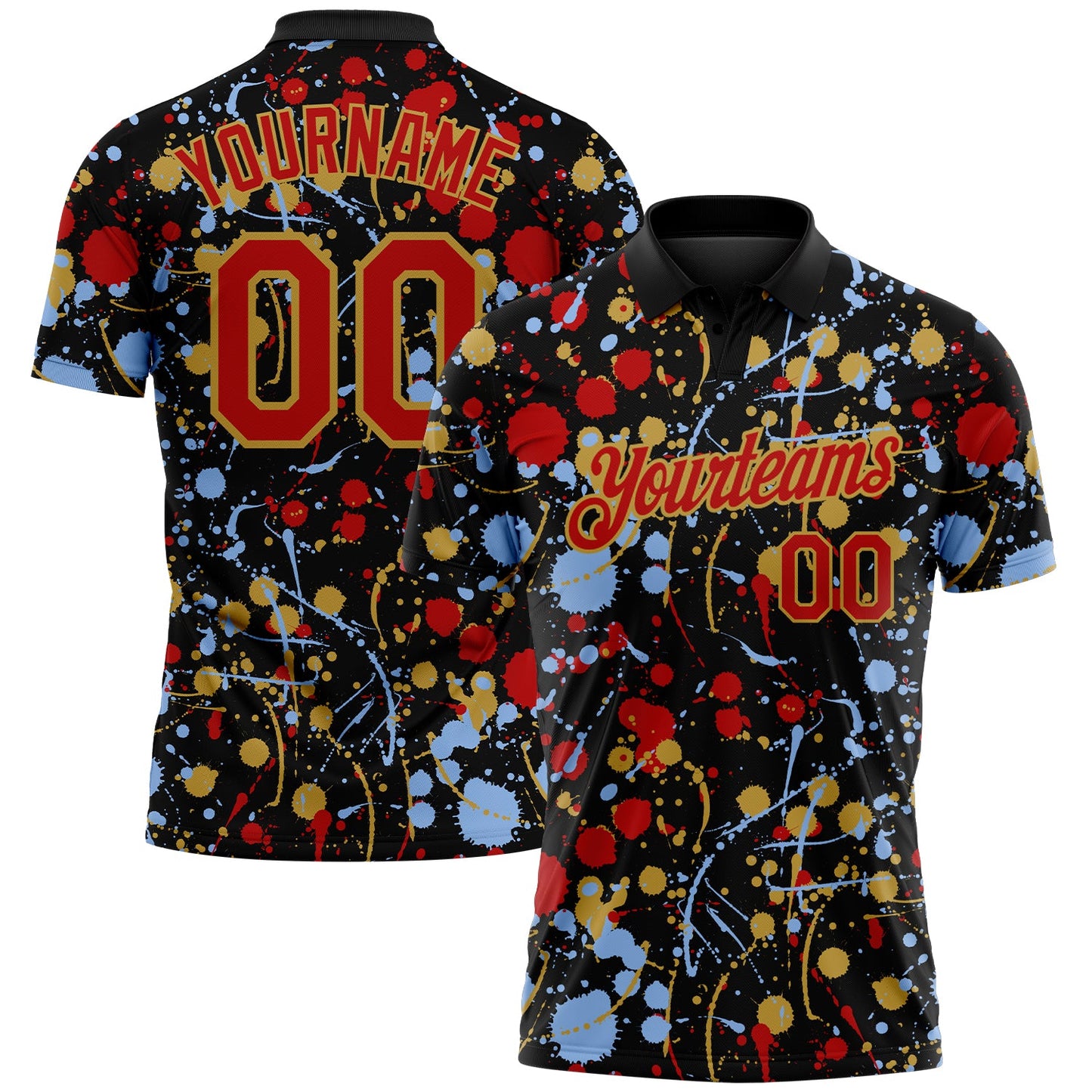 Custom Graffiti Pattern Red Black Light Blue-Old Gold Vibrant Multi-Color Abstract Splatter Performance Polo Shirt