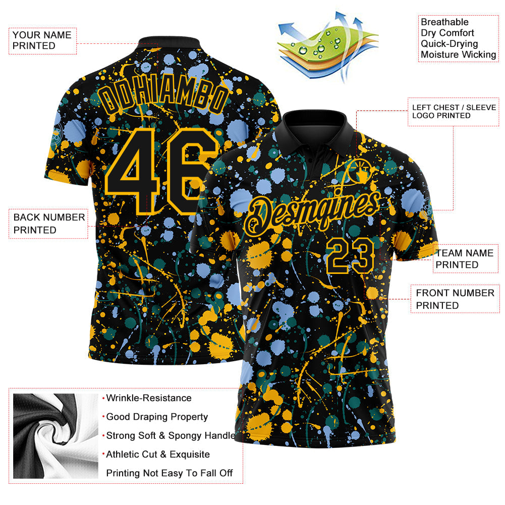 Custom Graffiti Pattern Black Light Blue Gold-Teal Vibrant Multi-Color Abstract Splatter Performance Polo Shirt
