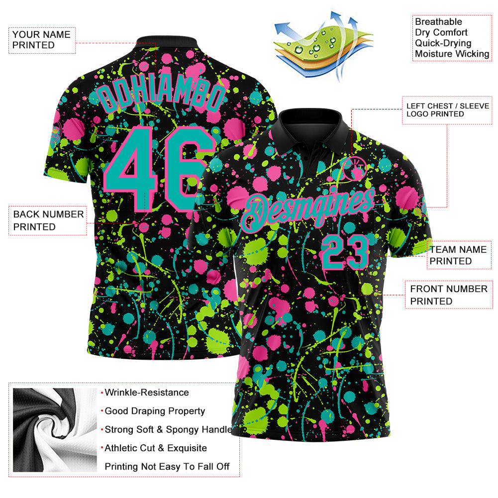 Custom Graffiti Pattern Aqua Black Pink-Neon Green Vibrant Multi-Color Abstract Splatter Performance Polo Shirt