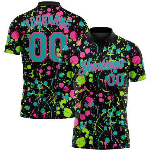Custom Graffiti Pattern Aqua Black Pink-Neon Green Vibrant Multi-Color Abstract Splatter Performance Polo Shirt