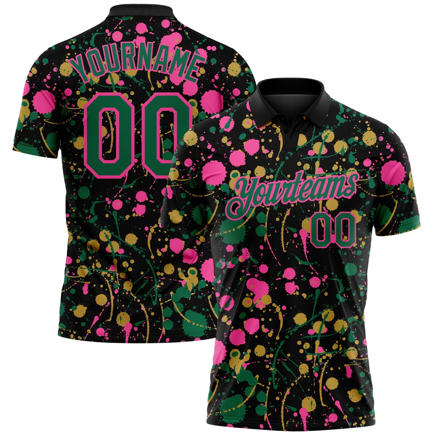 Custom Graffiti Pattern Kelly Green Black Pink-Old Gold Vibrant Multi-Color Abstract Splatter Performance Polo Shirt