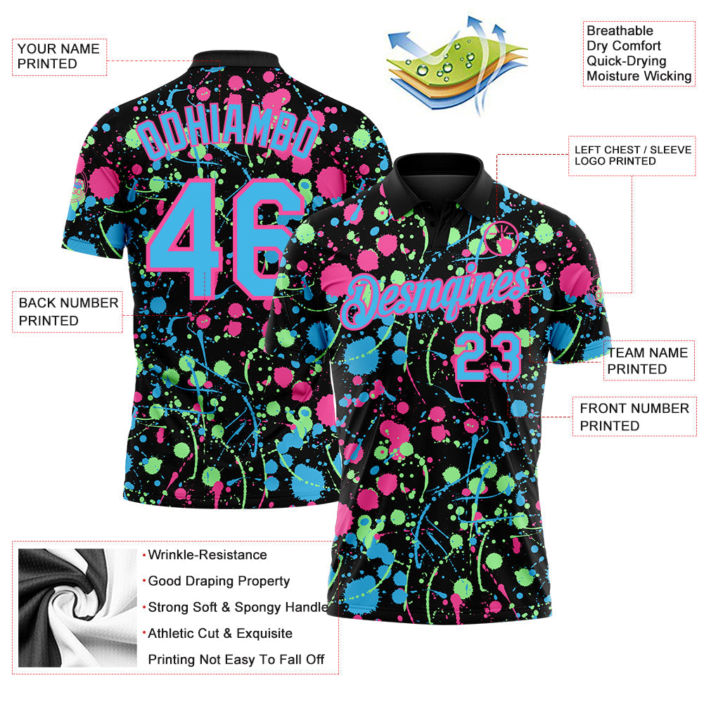 Custom Graffiti Pattern Sky Blue Black Pink-Pea Green Vibrant Multi-Color Abstract Splatter Performance Polo Shirt