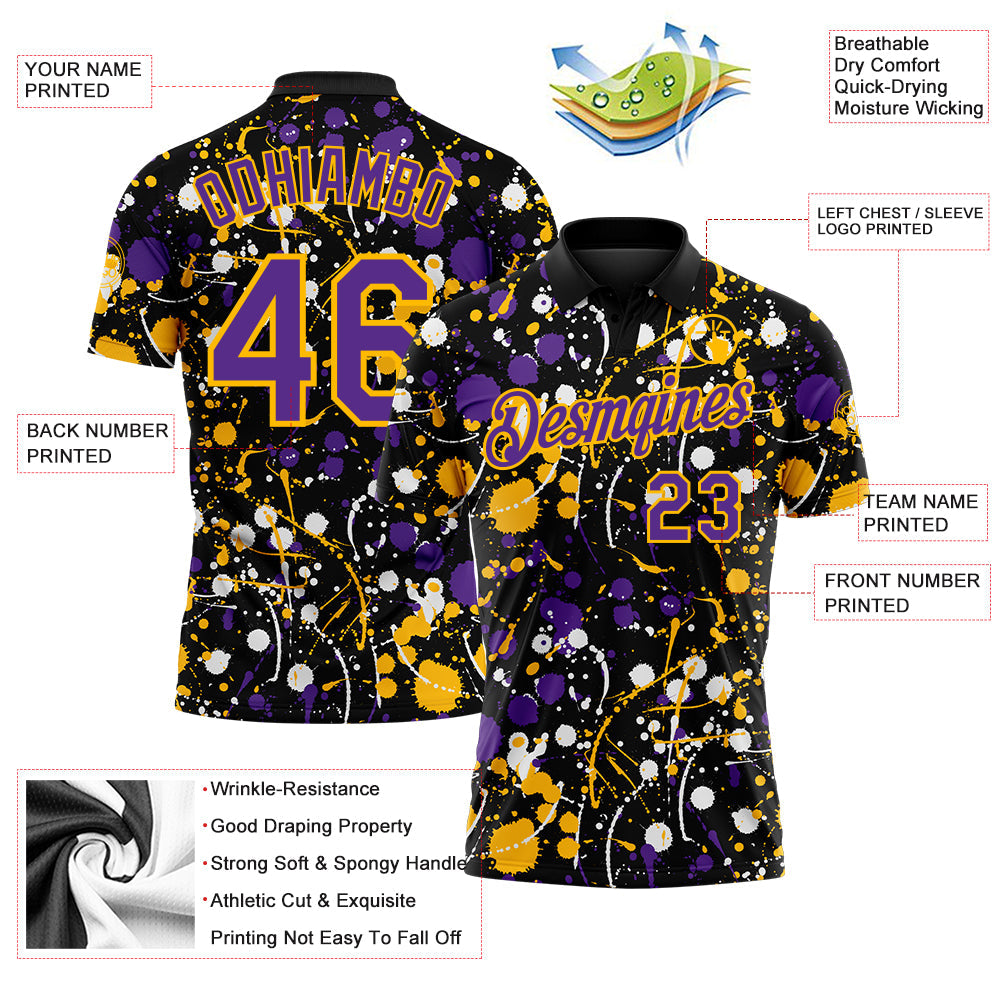 Custom Graffiti Pattern Purple Black Gold-White Vibrant Multi-Color Abstract Splatter Performance Polo Shirt