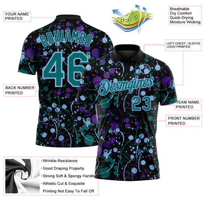 Custom Graffiti Pattern Teal Black Purple-Light Blue Vibrant Multi-Color Abstract Splatter Performance Polo Shirt