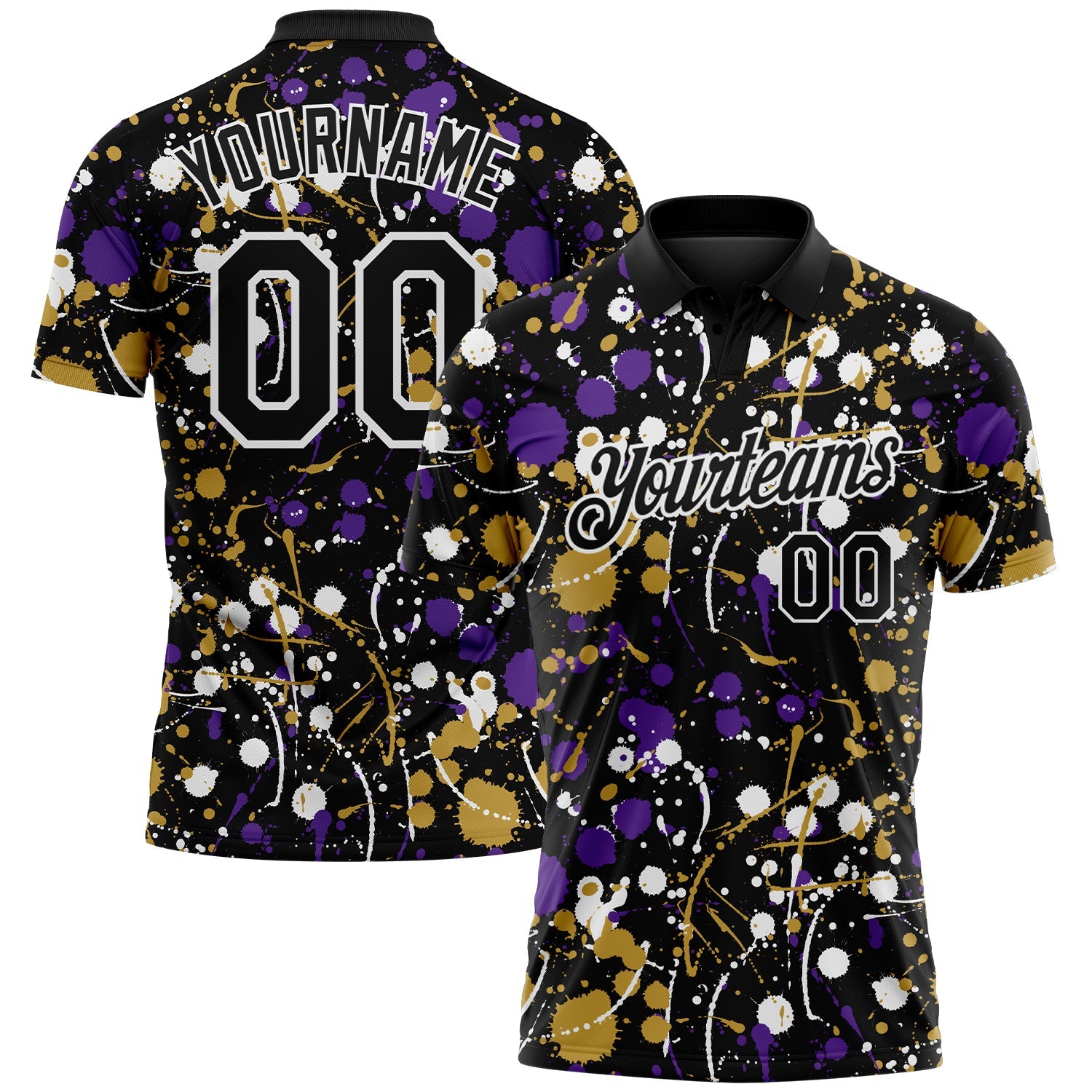 Custom Graffiti Pattern Black Purple Old Gold-White Vibrant Multi-Color Abstract Splatter Performance Polo Shirt