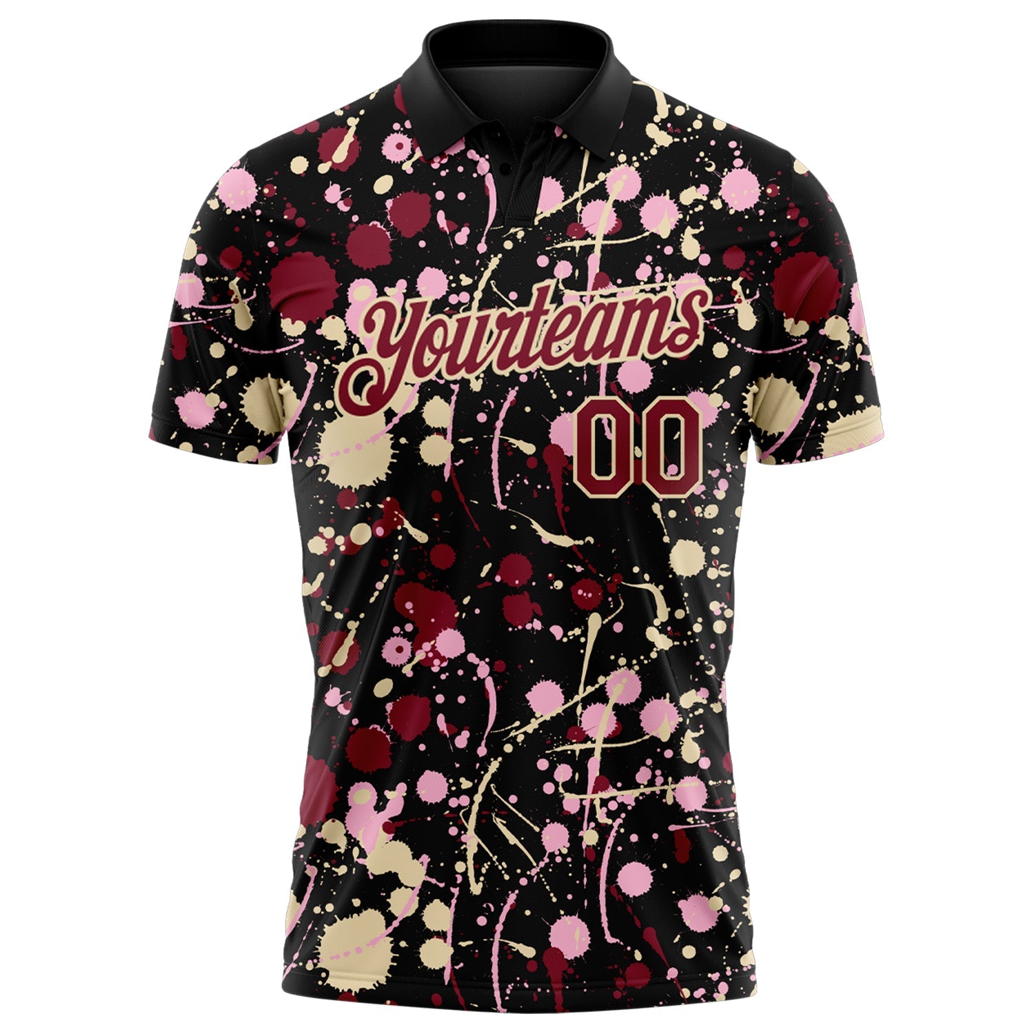 Custom Graffiti Pattern Crimson Black Cream-Light Pink Vibrant Multi-Color Abstract Splatter Performance Polo Shirt
