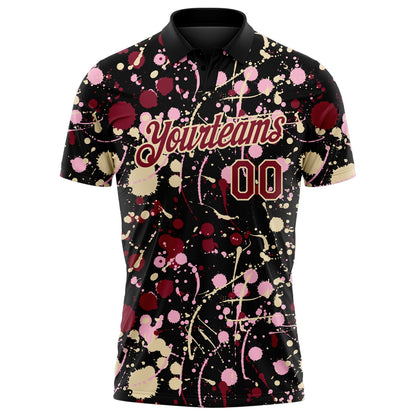 Custom Graffiti Pattern Crimson Black Cream-Light Pink Vibrant Multi-Color Abstract Splatter Performance Polo Shirt