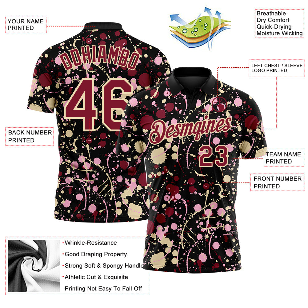 Custom Graffiti Pattern Crimson Black Cream-Light Pink Vibrant Multi-Color Abstract Splatter Performance Polo Shirt