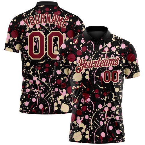 Custom Graffiti Pattern Crimson Black Cream-Light Pink Vibrant Multi-Color Abstract Splatter Performance Polo Shirt