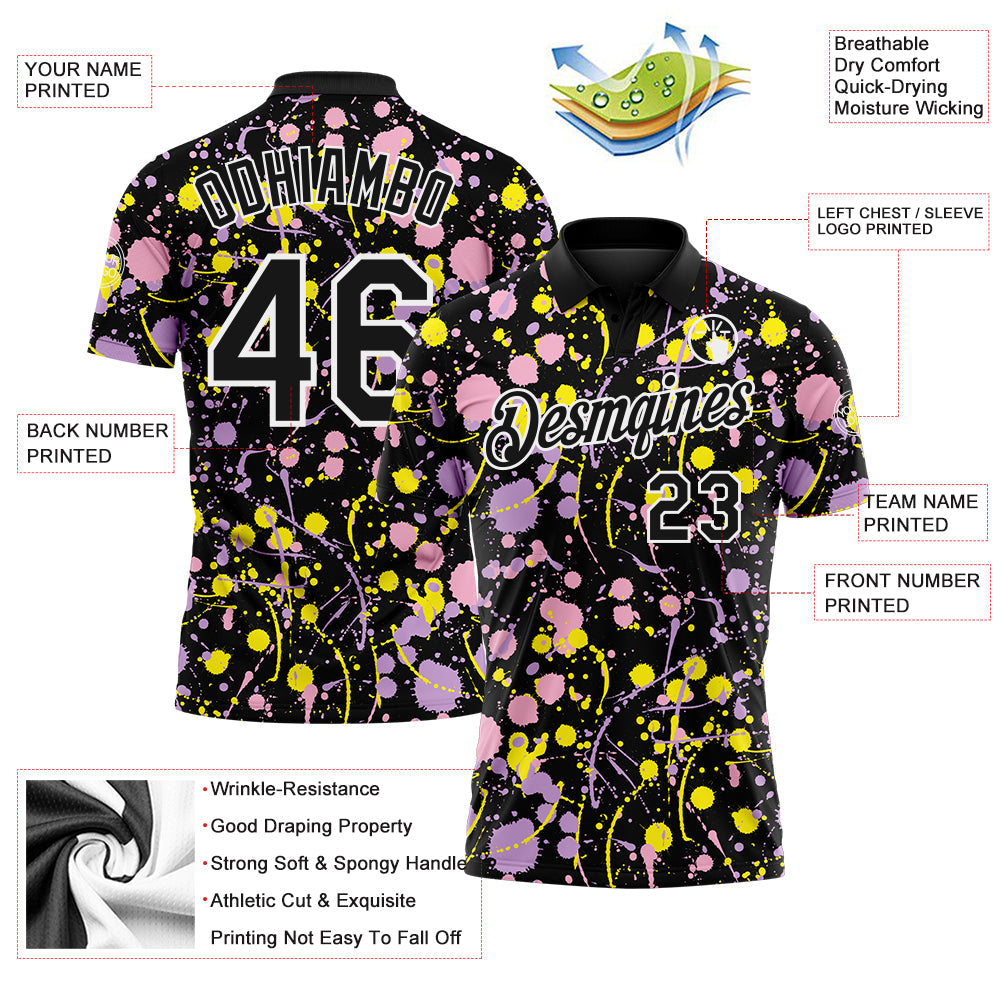 Custom Graffiti Pattern Black Light Pink Light Purple Light Yellow-White Vibrant Multi-Color Abstract Splatter Performance Polo Shirt