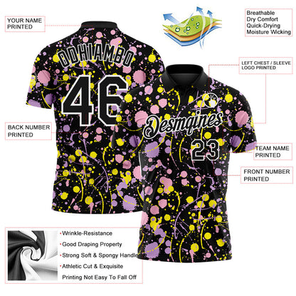 Custom Graffiti Pattern Black Light Pink Light Purple Light Yellow-White Vibrant Multi-Color Abstract Splatter Performance Polo Shirt