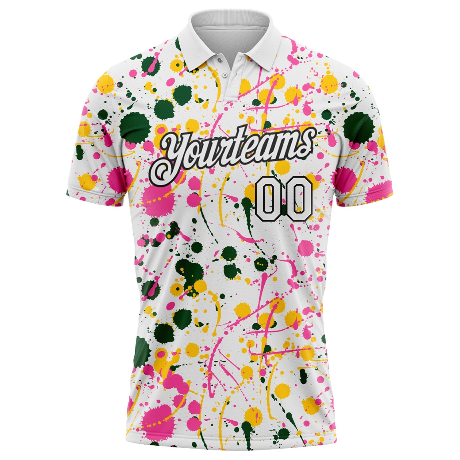 Custom Graffiti Pattern White Green Pink Yellow-Black Vibrant Multi-Color Abstract Splatter Performance Polo Shirt