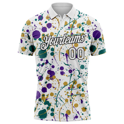 Custom Graffiti Pattern White Purple Teal Old Gold-Black Vibrant Multi-Color Abstract Splatter Performance Polo Shirt