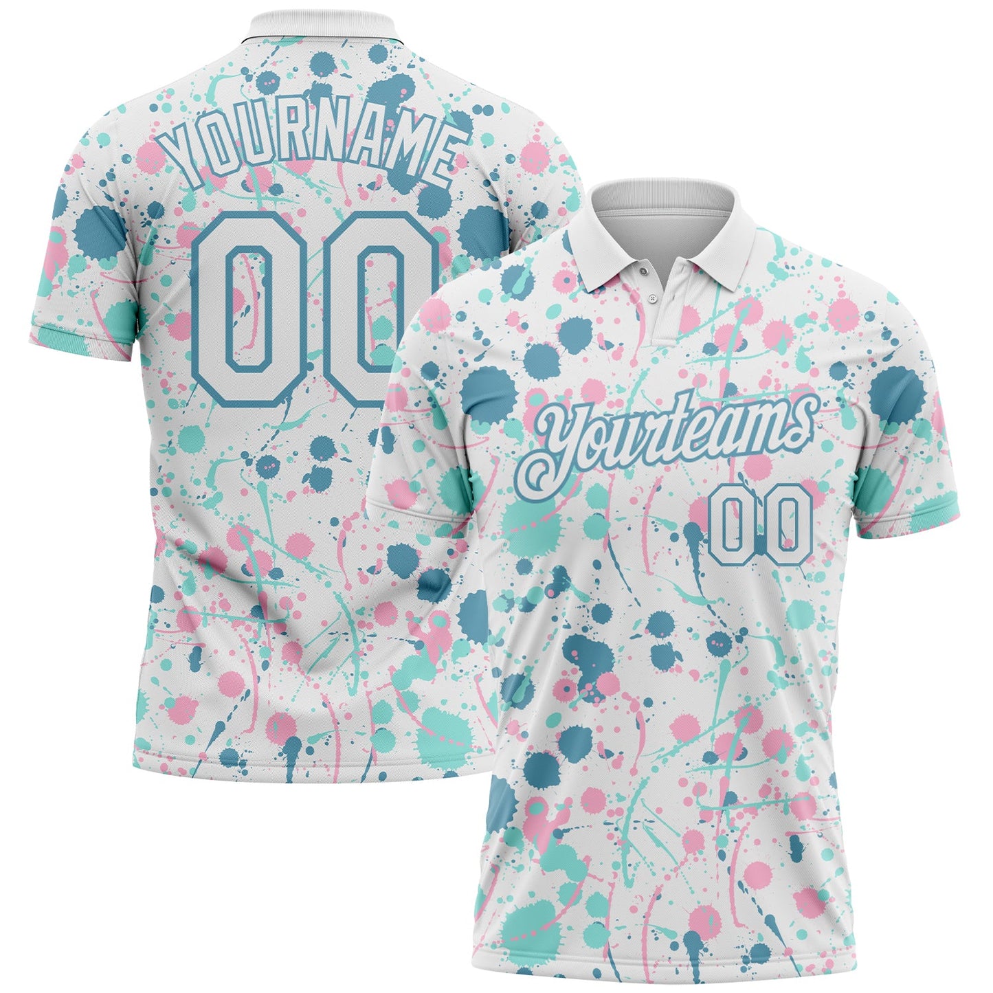 Custom Graffiti Pattern White Shadow Blue Ice Blue-Light Pink Vibrant Multi-Color Abstract Splatter Performance Polo Shirt