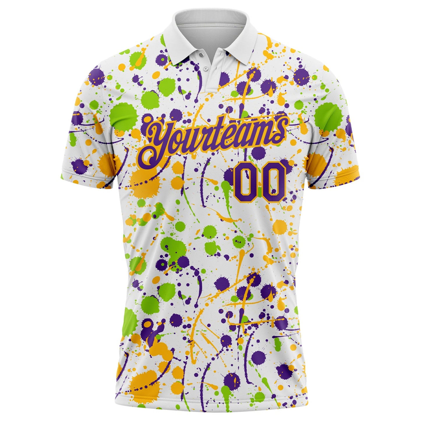 Custom Graffiti Pattern Purple White Neon Green-Gold Vibrant Multi-Color Abstract Splatter Performance Polo Shirt
