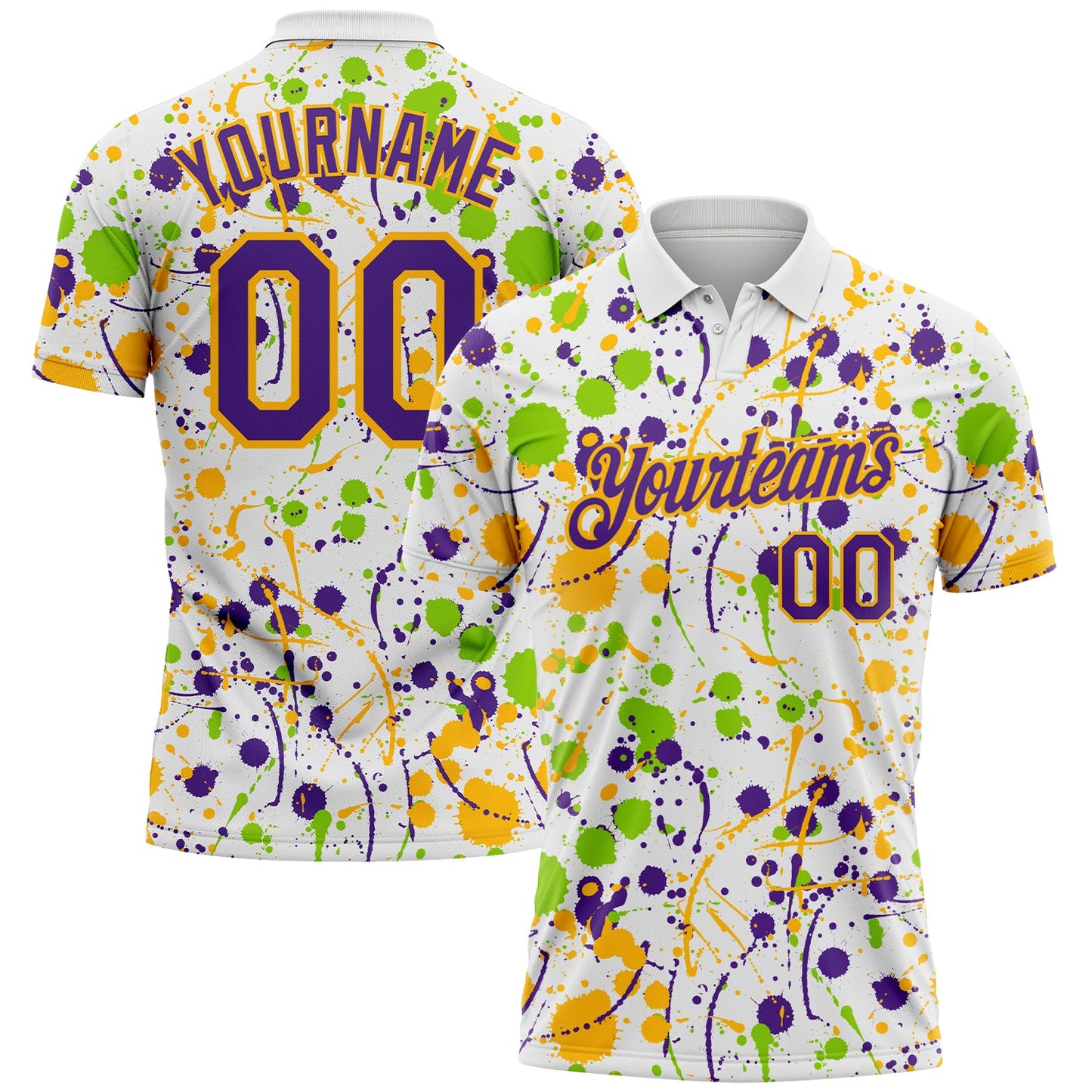 Custom Graffiti Pattern Purple White Neon Green-Gold Vibrant Multi-Color Abstract Splatter Performance Polo Shirt