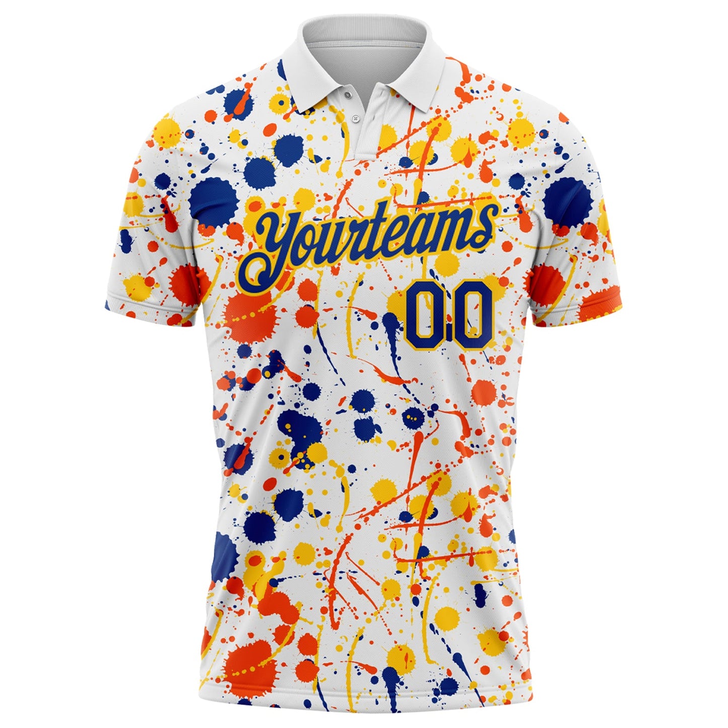 Custom Graffiti Pattern Royal White Orange-Yellow Vibrant Multi-Color Abstract Splatter Performance Polo Shirt