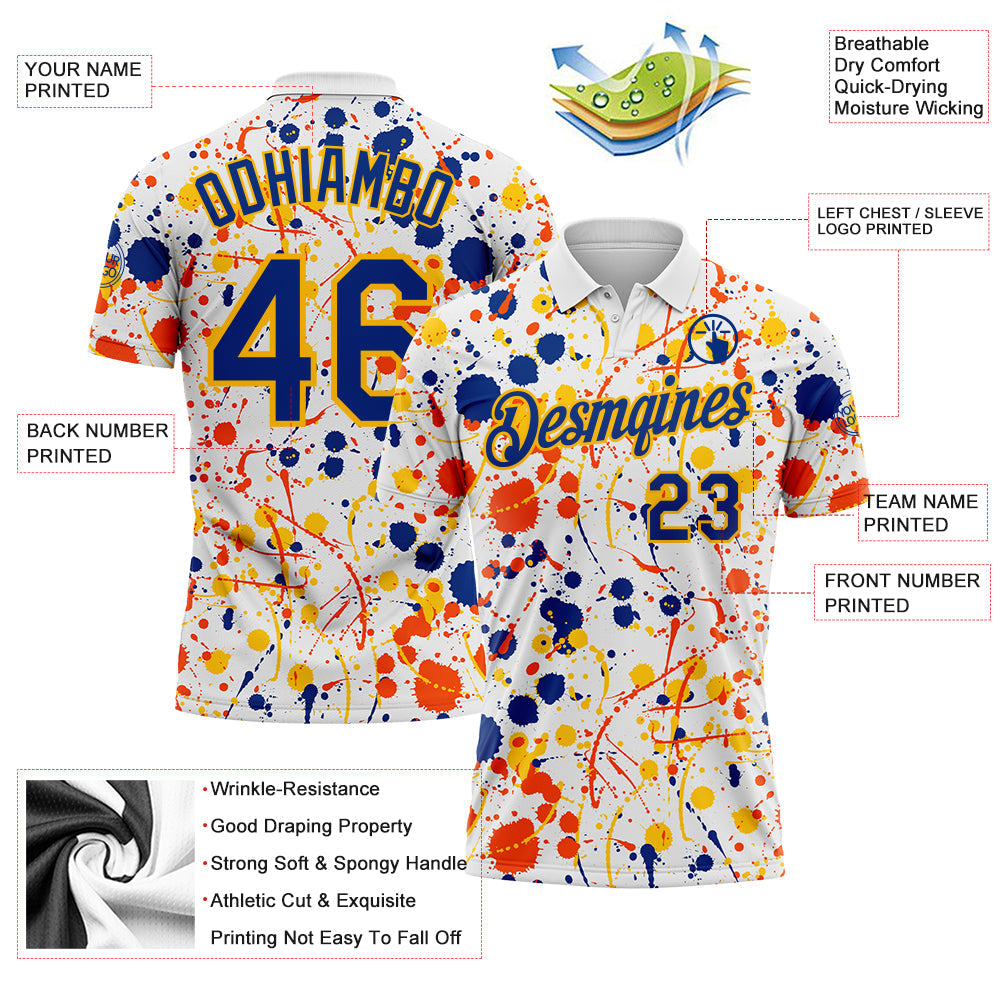 Custom Graffiti Pattern Royal White Orange-Yellow Vibrant Multi-Color Abstract Splatter Performance Polo Shirt