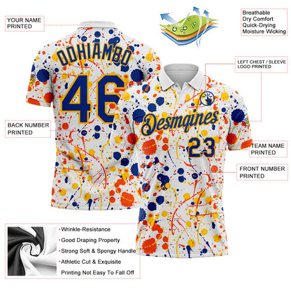 Custom Graffiti Pattern Royal White Orange-Yellow Vibrant Multi-Color Abstract Splatter Performance Polo Shirt