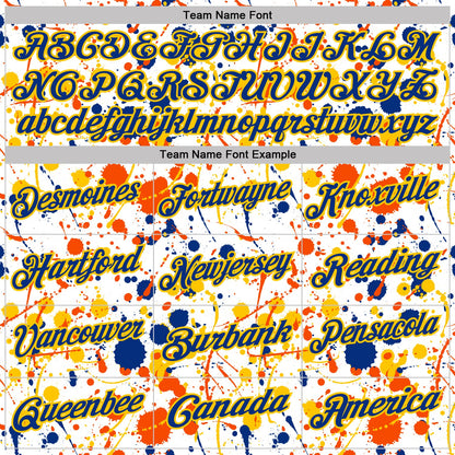 Custom Graffiti Pattern Royal White Orange-Yellow Vibrant Multi-Color Abstract Splatter Performance Polo Shirt